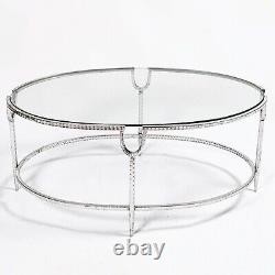 Vintage Large Silver Metal Coffee Table Long Oval Glass Top Silver Gilt Frame