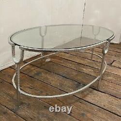 Vintage Large Silver Metal Coffee Table Long Oval Glass Top Silver Gilt Frame