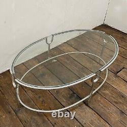 Vintage Large Silver Metal Coffee Table Long Oval Glass Top Silver Gilt Frame