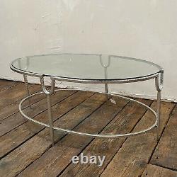 Vintage Large Silver Metal Coffee Table Long Oval Glass Top Silver Gilt Frame