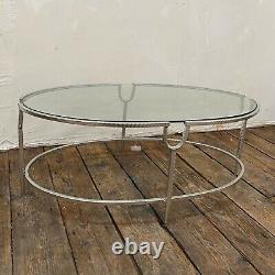 Vintage Large Silver Metal Coffee Table Long Oval Glass Top Silver Gilt Frame