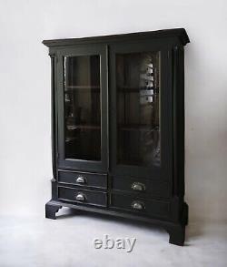 Vintage Late C20th Exotic Hardwood Black Painted Glazed Drinks Cabinet Bookcase