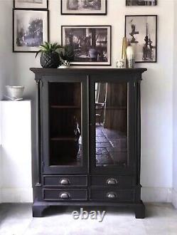 Vintage Late C20th Exotic Hardwood Black Painted Glazed Drinks Cabinet Bookcase