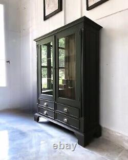 Vintage Late C20th Exotic Hardwood Black Painted Glazed Drinks Cabinet Bookcase