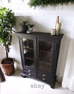 Vintage Late C20th Exotic Hardwood Black Painted Glazed Drinks Cabinet Bookcase