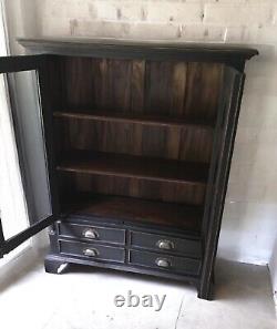 Vintage Late C20th Exotic Hardwood Black Painted Glazed Drinks Cabinet Bookcase