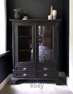 Vintage Late C20th Exotic Hardwood Black Painted Glazed Drinks Cabinet Bookcase