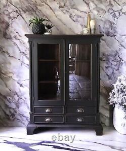 Vintage Late C20th Exotic Hardwood Black Painted Glazed Drinks Cabinet Bookcase