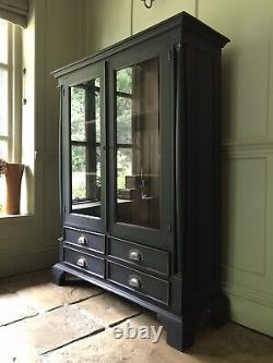 Vintage Late C20th Exotic Hardwood Black Painted Glazed Drinks Cabinet Bookcase