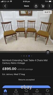 Vintage Mcintosh Teak Dining Chairs x4 Mid Century Retro 60s 70s RARE Kitchen