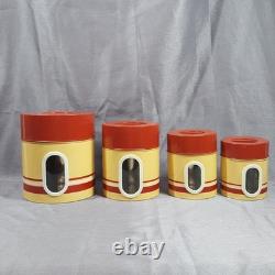 Vintage Mid-Century Modern Metal Nesting Canister Set of 4, Red & Yellow, Japan