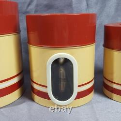 Vintage Mid-Century Modern Metal Nesting Canister Set of 4, Red & Yellow, Japan