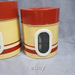 Vintage Mid-Century Modern Metal Nesting Canister Set of 4, Red & Yellow, Japan