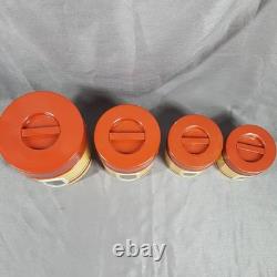 Vintage Mid-Century Modern Metal Nesting Canister Set of 4, Red & Yellow, Japan