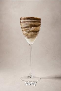 Vintage Murano Style Hand Blown Art Glass Goblet Marbled Brown Taupe Ivory 9.5