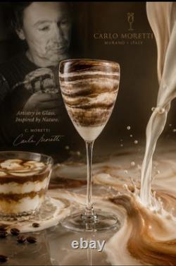 Vintage Murano Style Hand Blown Art Glass Goblet Marbled Brown Taupe Ivory 9.5