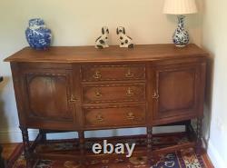 Vintage Oak Art Deco Three Drawer Two Cupboard Sideboard Bobbin Turned Legs