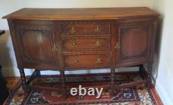 Vintage Oak Art Deco Three Drawer Two Cupboard Sideboard Bobbin Turned Legs
