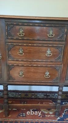 Vintage Oak Art Deco Three Drawer Two Cupboard Sideboard Bobbin Turned Legs