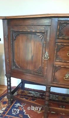 Vintage Oak Art Deco Three Drawer Two Cupboard Sideboard Bobbin Turned Legs
