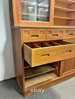 Vintage Oak School Laboratory Display Cabinet Country Kitchen Wooden Glazed