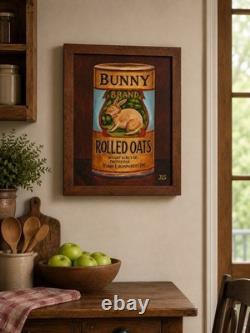 Vintage Oats Can Bunny Painting 11x14 Framed Retro Kitchen Wall Art