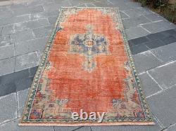 Vintage Oushak Rug 4x7.9 Antique Coral Wool Carpet Handmade Turkish Medallion