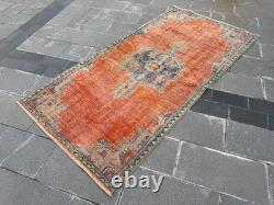 Vintage Oushak Rug 4x7.9 Antique Coral Wool Carpet Handmade Turkish Medallion