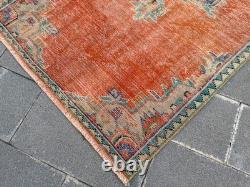 Vintage Oushak Rug 4x7.9 Antique Coral Wool Carpet Handmade Turkish Medallion