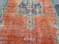 Vintage Oushak Rug 4x7.9 Antique Coral Wool Carpet Handmade Turkish Medallion