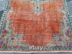 Vintage Oushak Rug 4x7.9 Antique Coral Wool Carpet Handmade Turkish Medallion