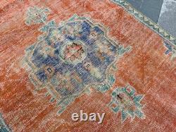Vintage Oushak Rug 4x7.9 Antique Coral Wool Carpet Handmade Turkish Medallion