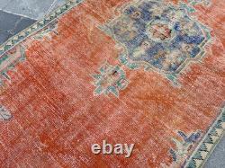 Vintage Oushak Rug 4x7.9 Antique Coral Wool Carpet Handmade Turkish Medallion