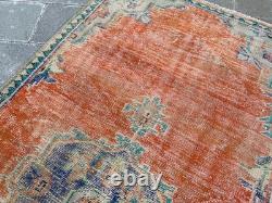 Vintage Oushak Rug 4x7.9 Antique Coral Wool Carpet Handmade Turkish Medallion