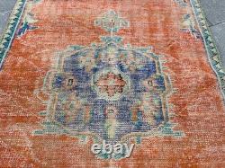 Vintage Oushak Rug 4x7.9 Antique Coral Wool Carpet Handmade Turkish Medallion