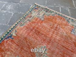 Vintage Oushak Rug 4x7.9 Antique Coral Wool Carpet Handmade Turkish Medallion