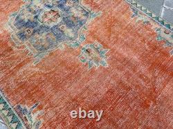 Vintage Oushak Rug 4x7.9 Antique Coral Wool Carpet Handmade Turkish Medallion