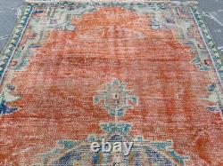 Vintage Oushak Rug 4x7.9 Antique Coral Wool Carpet Handmade Turkish Medallion