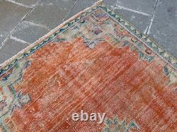 Vintage Oushak Rug 4x7.9 Antique Coral Wool Carpet Handmade Turkish Medallion