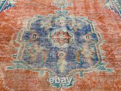 Vintage Oushak Rug 4x7.9 Antique Coral Wool Carpet Handmade Turkish Medallion