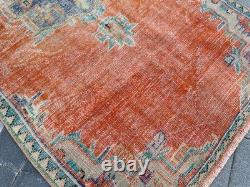 Vintage Oushak Rug 4x7.9 Antique Coral Wool Carpet Handmade Turkish Medallion