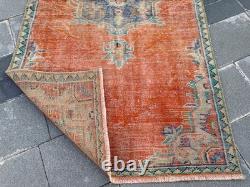 Vintage Oushak Rug 4x7.9 Antique Coral Wool Carpet Handmade Turkish Medallion