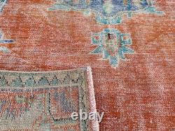 Vintage Oushak Rug 4x7.9 Antique Coral Wool Carpet Handmade Turkish Medallion