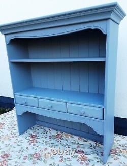 Vintage Pine Kitchen Shelf Unit / Plate Rack Grey Painted Wooden With Shelves