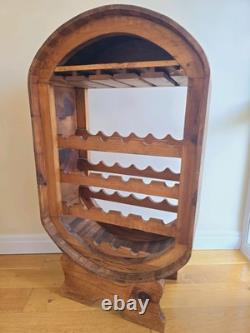 Vintage Pine Wine Rack Rustic Wood Oval Barrel Wine Bottle & Glasses Rack