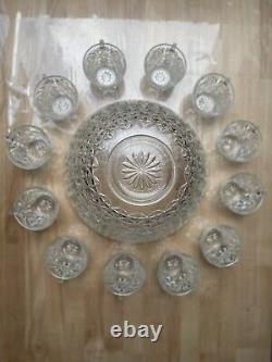 Vintage Rare Crystal Cut Glass Punch Bowl Set With 12 Matching Cups