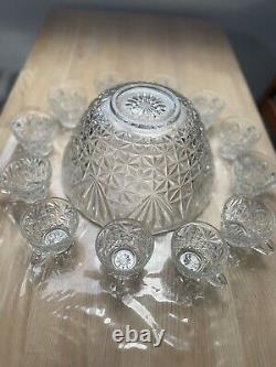 Vintage Rare Crystal Cut Glass Punch Bowl Set With 12 Matching Cups