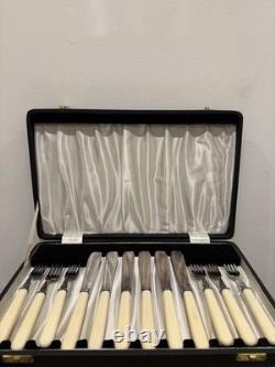 Vintage/Retro 12-Piece Cutlery Set Cream Handles Knives & Forks in Case
