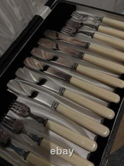 Vintage/Retro 12-Piece Cutlery Set Cream Handles Knives & Forks in Case