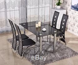 Vintage/Retro 4 Faux Leather Chairs and Tempered Glass Dining Table Set Black